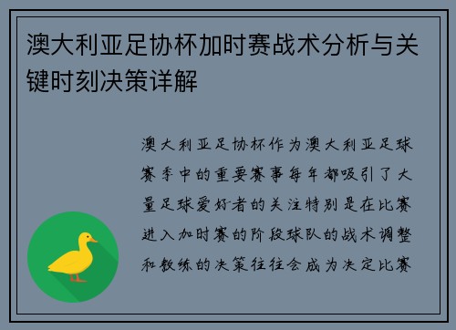 澳大利亚足协杯加时赛战术分析与关键时刻决策详解