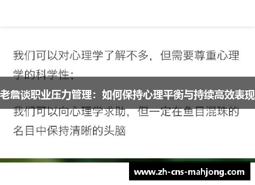 老詹谈职业压力管理：如何保持心理平衡与持续高效表现
