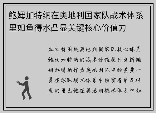 鲍姆加特纳在奥地利国家队战术体系里如鱼得水凸显关键核心价值力 鲍姆加特纳在奥地利国家队战术体系里如鱼得水凸显关键核心价值力
